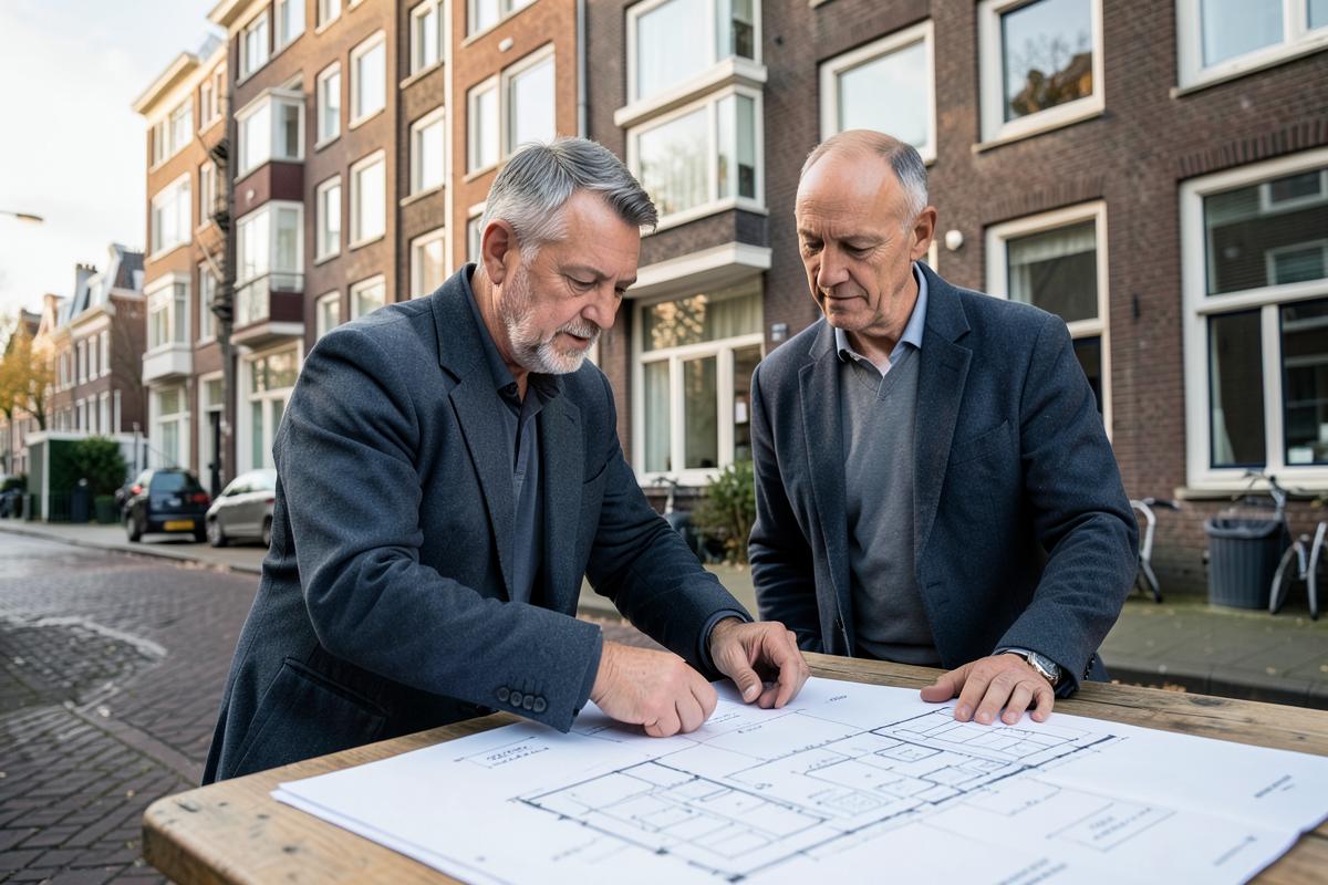 Bouwkundigen bespreken een vergunningstekening in Amsterdam-Oost